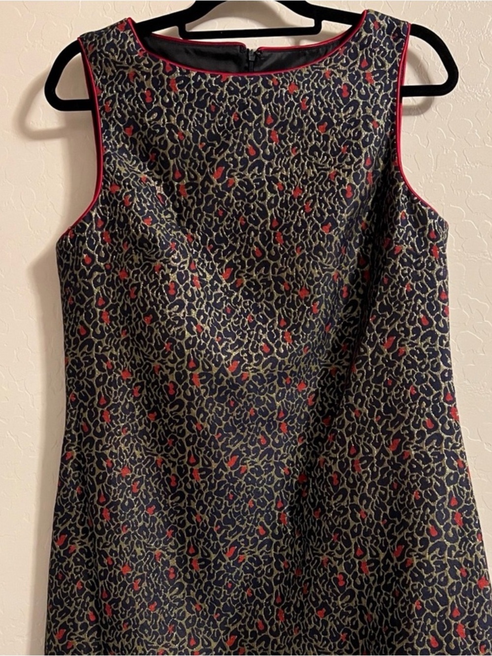 Betsey Johnson Navy Mini Dress with Red Accents and Gold Print